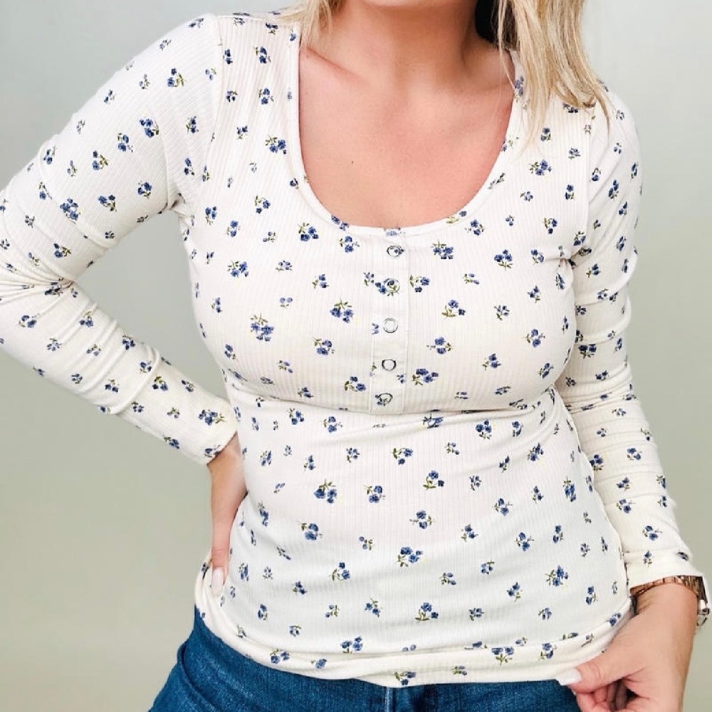 Built in Bra Blue Floral Long Sleeve Thermal Top